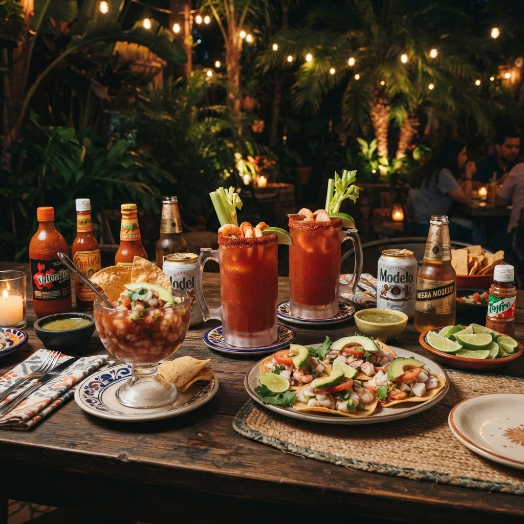 Mesa con cervezas Modelo, micheladas, salsas y mariscos en La Baraja